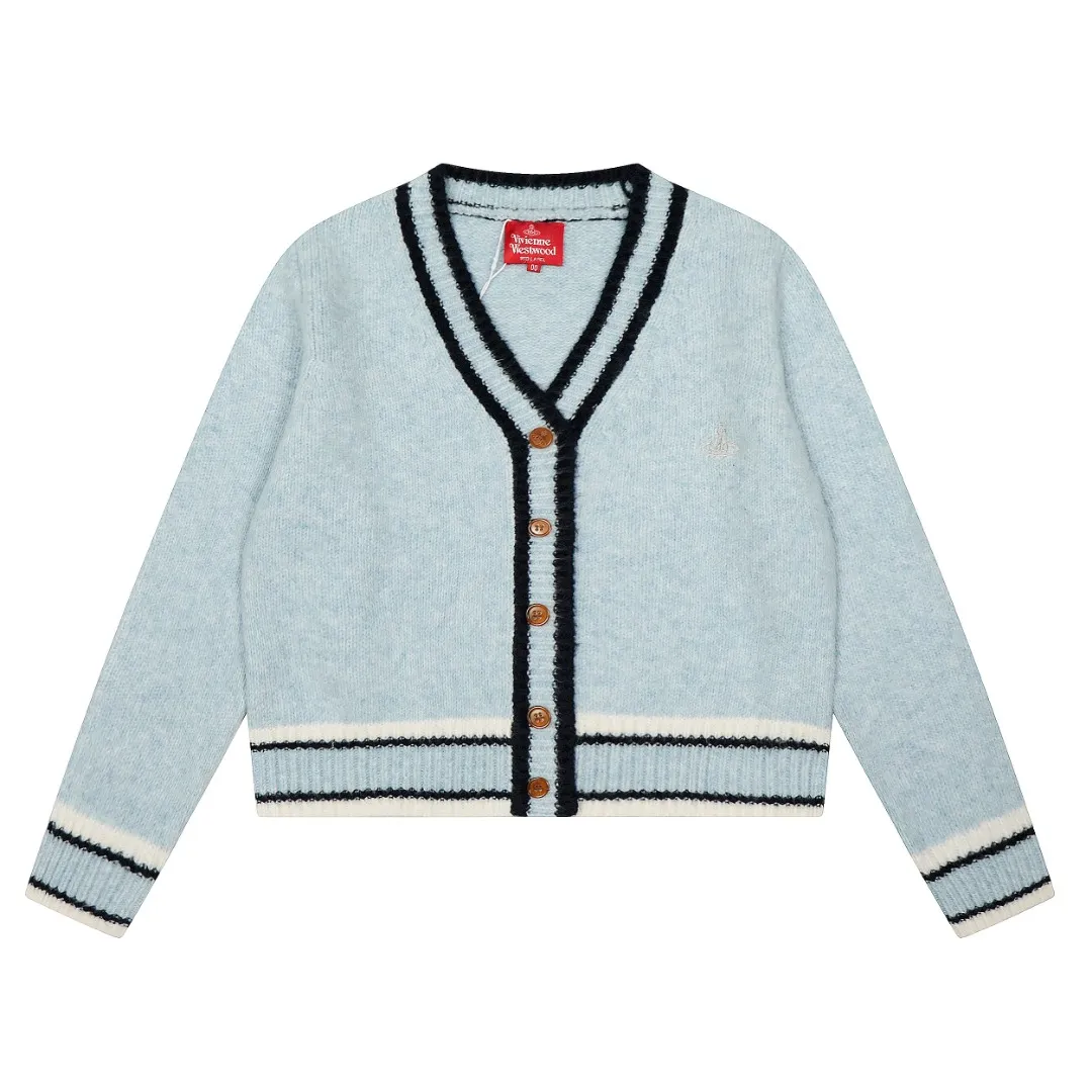 VIV top quality - limited to Japan" vivienne west wood 25th autumn and winter new three-color patchwork wool embroidered cardigan Color: Blue Size: S M L